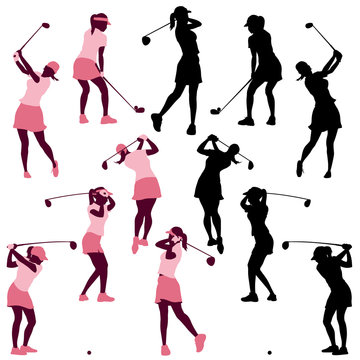 female golf poses in silhouettes