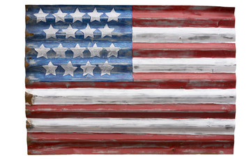 Cutout of a charming rendition of an American flag painted on galvanized siding.