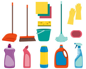 Set tools for cleaning isolated on white background. Vector illustration