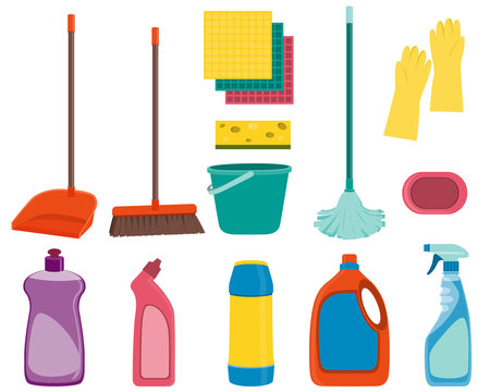 Cleaning supplies cartoon set Royalty Free Vector Image