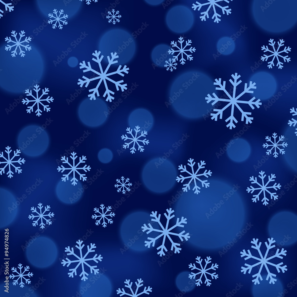 Poster christmas background in blue color with snowfall and bokeh effects. snowflake patterned light backgr