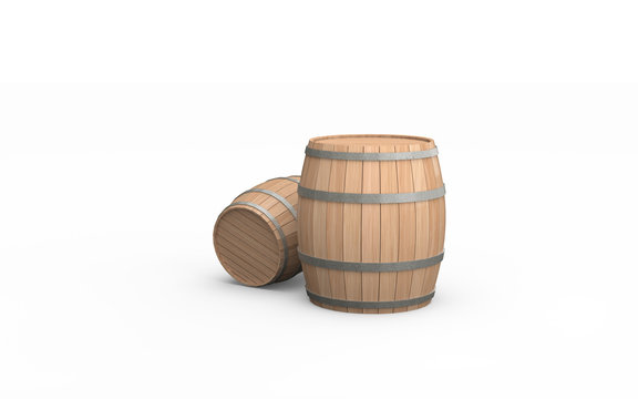 Two wooden barrels isolated on the white background. 3d illustration