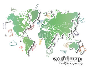 Hand drawn realistic world map.