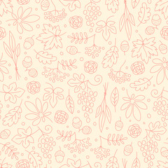 Seamless pattern with grapes, acorns, leaves and flowers. Beautiful background for Thanksgiving