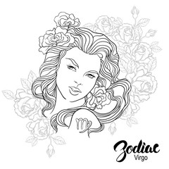 Zodiac. Vector illustration of Virgo as girl with flowers. 