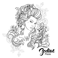 Zodiac. Vector illustration of Pisces as girl with flowers. 