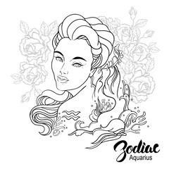 Zodiac. Vector illustration of Aquarius as girl with flowers. 