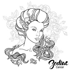 Zodiac. Vector illustration of Cancer as girl with flowers. 
