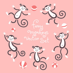 Funny monkeys vector isolated set of illustrations. Lovely monkey and balls elements for design