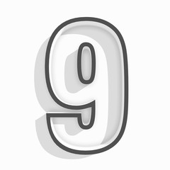 white isolated number 9 nine in white background with shadow