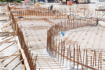 Concrete metal mesh rebar at construction site for floor foundat