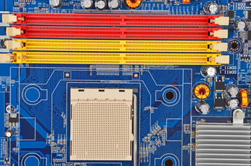 Printed computer motherboard with microcircuit, close up