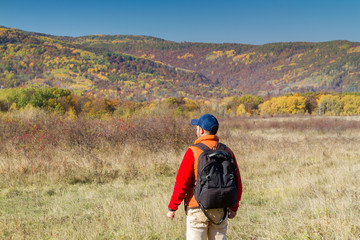 Male tourist with backpack sotret on the horizon in autumn