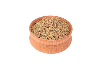 Cumin spice in wooden bowl, isolated on white background