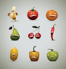 Vector cartoon image of happy: yellow banana, tomato red, orange, green pear, red cherries, red hot pepper, lemon, yellow pepper, green apple on a light gray background.