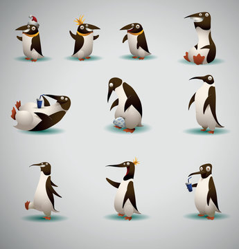 Vector Set of Funny Penguins. Cartoon image of ten funny penguins of various shapes  on a light background.