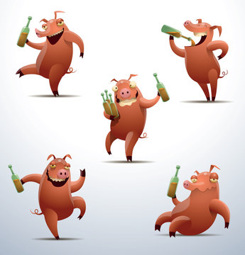 Vector Set of Jolly pigs. Cartoon image of five jolly pink pigs with bottles of beer on a light  background.