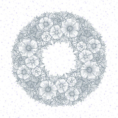 blue flowers wreath, framework, graphic bouquet, , floral pattern outline, vector illustration