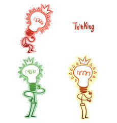 Vector Set of ThinKing. Cartoon image of three thinking light bulbs with crowns of red, green and brown colors on a white background.