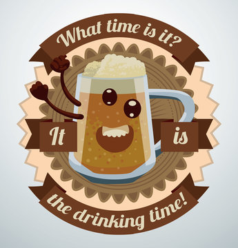 Vector Cartoon Beer Label, Big Mug. Cartoon image of a beer label brown color with a smiling big mug of beer in the center on a light background. 