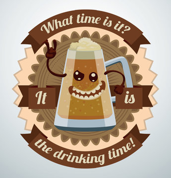 Vector Cartoon Beer Label, Mug. Cartoon image of a beer label brown color with a smiling mug of beer in the center on a light background.