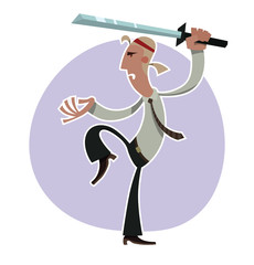 Vector cartoon image of an office warrior blonde in a white shirt, black trousers, black tie with a red bandage and with a katana in hand on a background of purple circle on a white background.