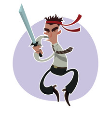 Vector cartoon image of an office warrior brunet in a white shirt, black trousers and tie with a red bandage and with a katana in hands on a background of purple circle on a white background.