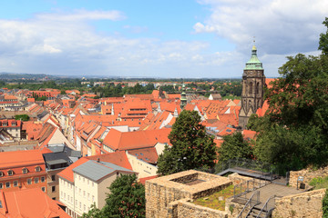 Fototapeta premium View towards Pirna cityscape with St. Marys Church from Sonnenstein castle