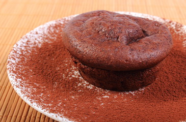 Baked chocolate muffins with cocoa on white plate