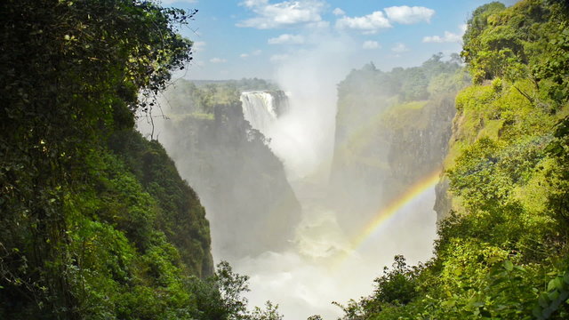 Victoria Falls, 1 of the 7 wonders of the world, or Mosi-oa-Tunya waterfall in southern Africa on the Zambezi River between Zimbabwe and Zambia in high definition footage with ambient audio
