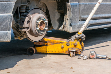 Brakes on a car with removed wheel 
