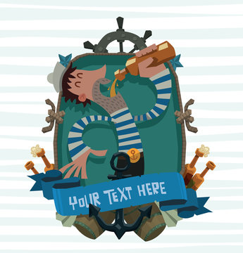 Vector cartoon image of the turquoise Marine emblem with a drunken sailor in black trousers, white and blue striped vest and a white sailor hat drinking beer from a bottle on a light background. 