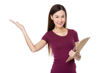 Asian Woman hold with clipbaord and open hand palm