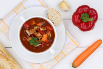 Gulasch Suppe Gulaschsuppe Suppentasse mit Fleisch und Paprika v