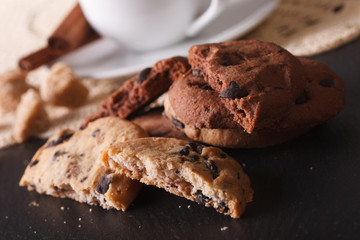 Chocolate chip cookies macro on a background of the cup. horizontal
