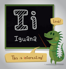 Vector cartoon image of a funny green iguana standing with a pointer in his paw near the blackboard, with the letter "I" is written on it, on a light gray background. For children's learning.