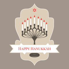 Invitation vintage inscription Happy Hanukkah candle on a candlestick old 9 and six-pointed red star on a gray background. Beautiful elegant white text design elements vector illustration EPS 10