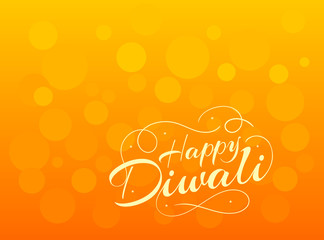 Beautiful lettering calligraphy yellow white text. Calligraphy inscription Happy Diwali festival India on an orange background. Vector illustration EPS 10