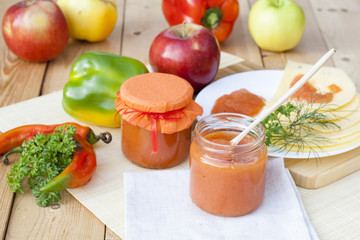 Homemade apple and pepper to cheese confiture, closeup, selective focus