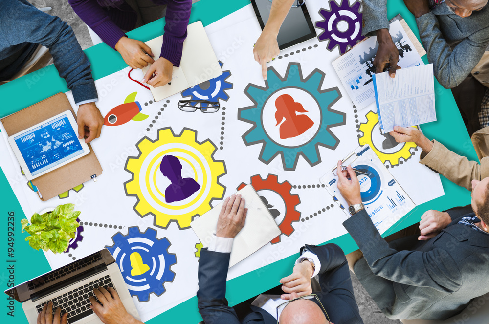 Poster team functionality industy teamwork connection technology concep