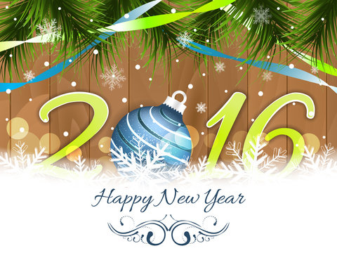 Happy New Year 2016 wishes with snowflakes, bauble, colorful ribbons and pine-needles on wooden texture.