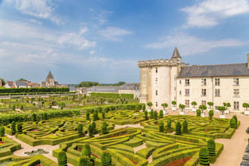 Villandry, France. The main building of of the castle with a medieval dungeon and ornamental gardens