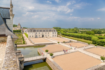 Villandry, France. The main building of of the castle with a medieval dungeon and ornamental gardens
