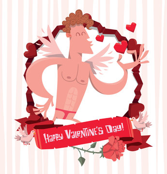 Vector cartoon image of Frame Valentine's Day bright red with flowers, doves and heart symbol with sexy pink cupid with wings in red trunks, sending an air kiss  on pink white striped background. 