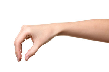 woman showing with her hand as if she is squeezing something isolated on white.