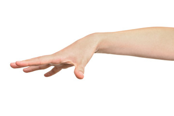 woman showing with her hand that she released something isolated on white.