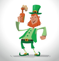 Vector cartoon image of a funny leprechaun with a red beard, in a green suit and a hat with a bottle of beer in his hand on a light background. In the theme of St. Patrick's Day.