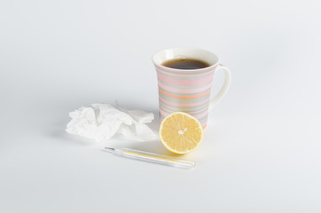 handkerchiefs and hot tea with lemon, treatment of colds, flu an