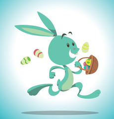 Vector Easter bunny with basket of eggs. Cartoon image of light blue Easter bunny running with basket of colored Easter eggs on a light blue background. In the theme of Easter.