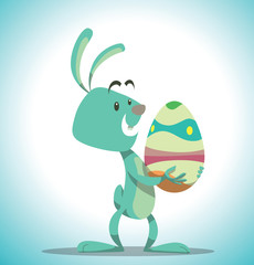 Vector Easter bunny with big egg. Cartoon image of light blue Easter bunny with big colored Easter egg on a light blue background. In the theme of Easter.